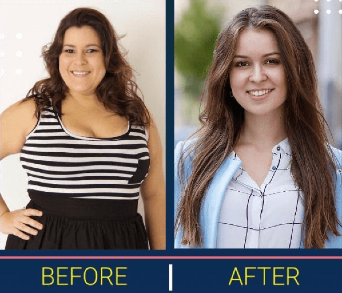 Before and after picture of Lady smiling in photo after weight loss success journey with TNT Weight Loss & Wellness.